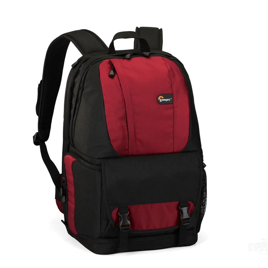 red camera backpack