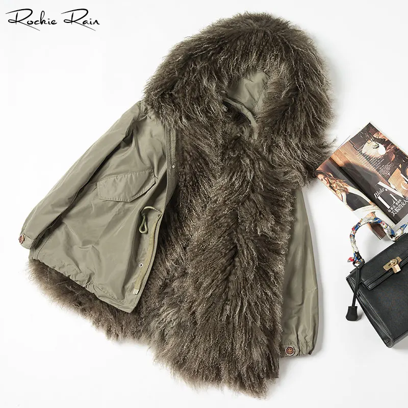 

Women Real Mongolia sheep Fur Parka Warm Hood detachable fur liner Real fur coat