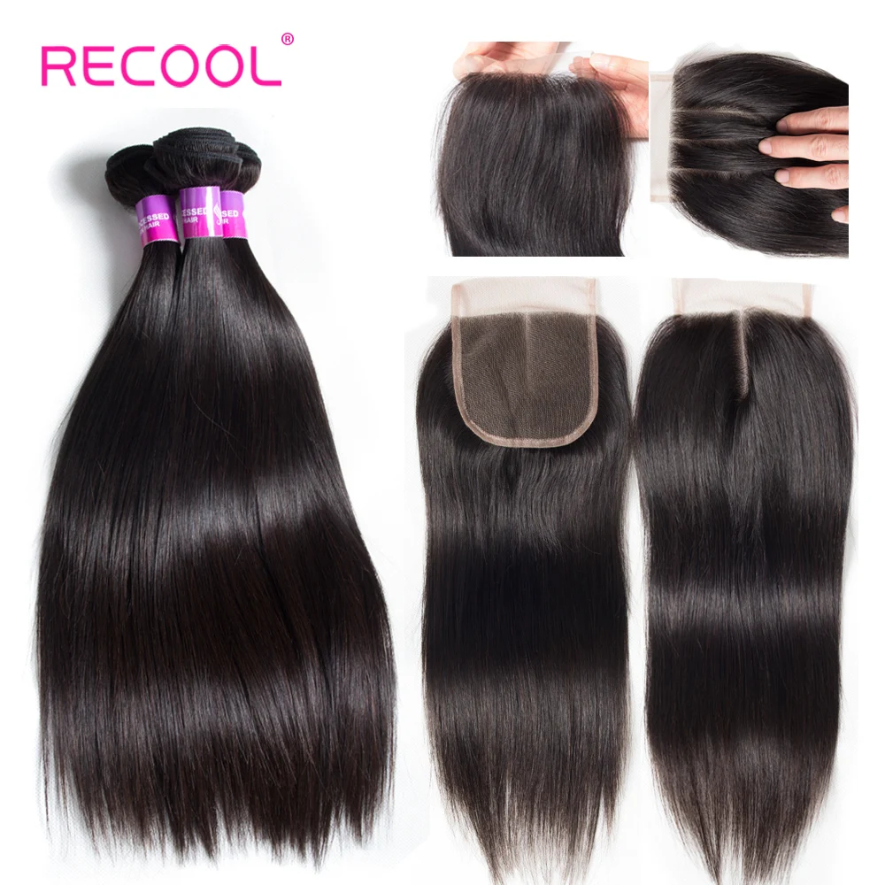 

Recool Hair Straight Human Hair 4 Bundles With Closure Peruvian Hair Weave Bundles 4"x4" Lace Closure Remy Human Hair Bundles