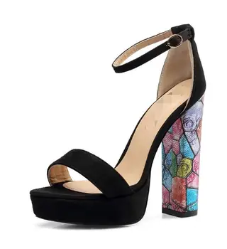

summer woman colorful chunky high heel platform buckle sandal black leather open toe high platform chunky woman sandal