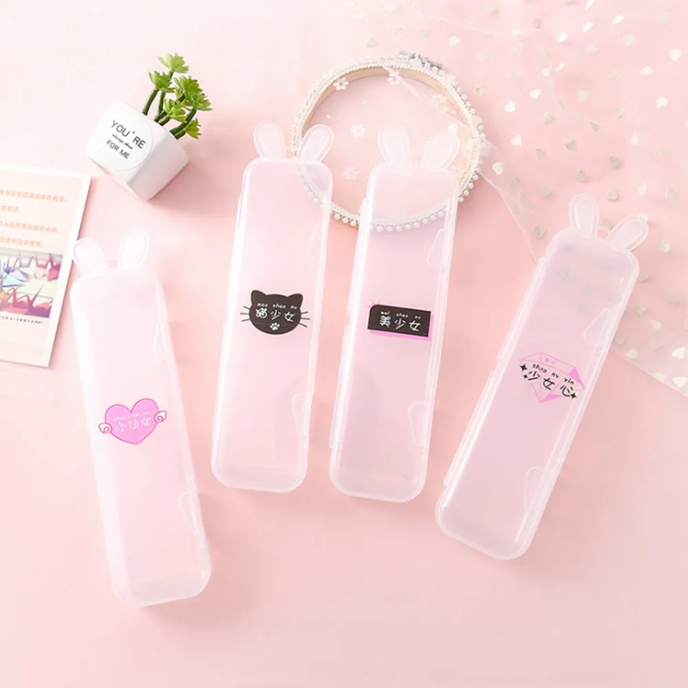 

1pc Simple Transparent Pencil Case Rabbit Ear Multifunctional Pencil Box Plastic Storage Box Learning Stationery Office Supplier
