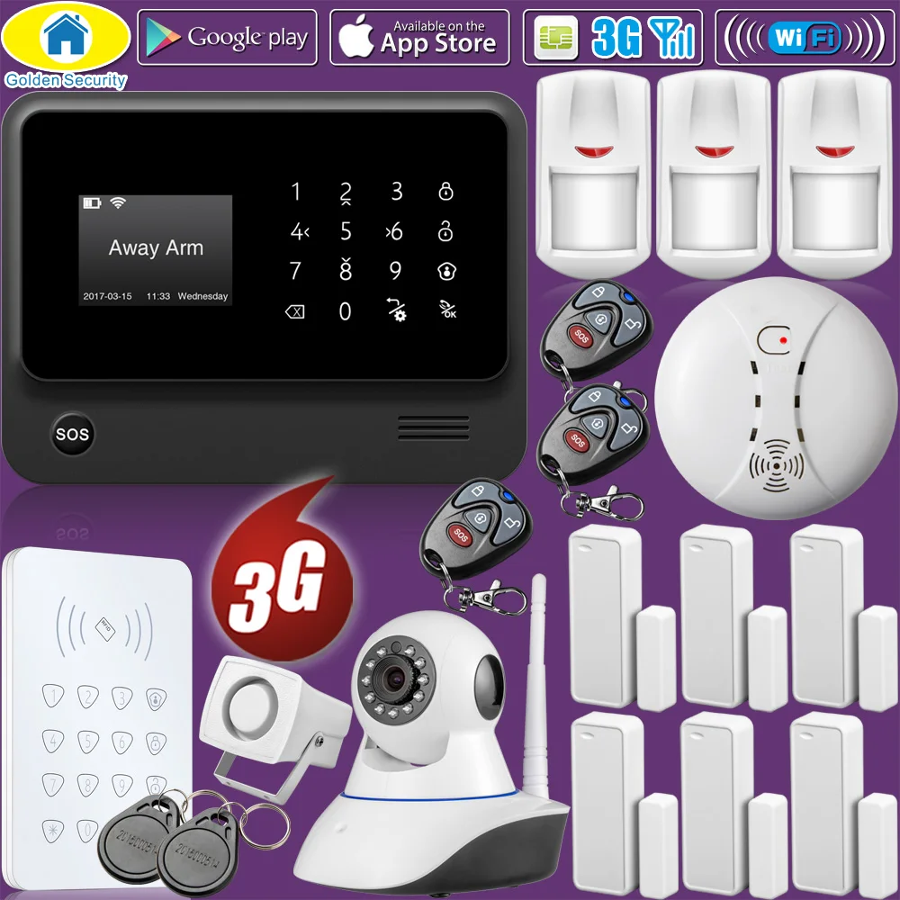 

Golden Security WiFi Home Burglar Security 2G 3G GSM Alarm System Wireless Infrared Sensor RFID Keyboard Control Kit IP Camera