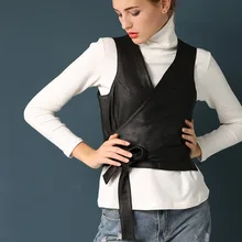 Итальянский дизайнер Элегантный поясом Slim Fit V шеи жилет Для женщин Повседневное короткие Wasitcoat пальто из натуральной овечьей кожи куртка