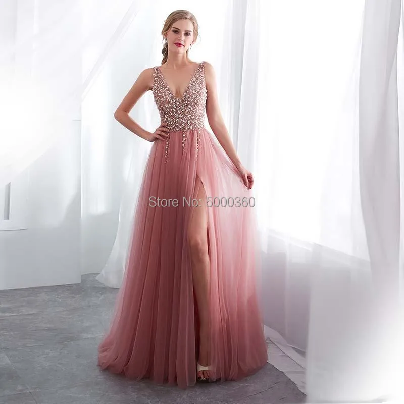 

In Stock V Neck Beading Evening Dress Back Lace Up Evening Dress With Slit Evening Gown 2019 Long Prom Dress Robe De Soiree