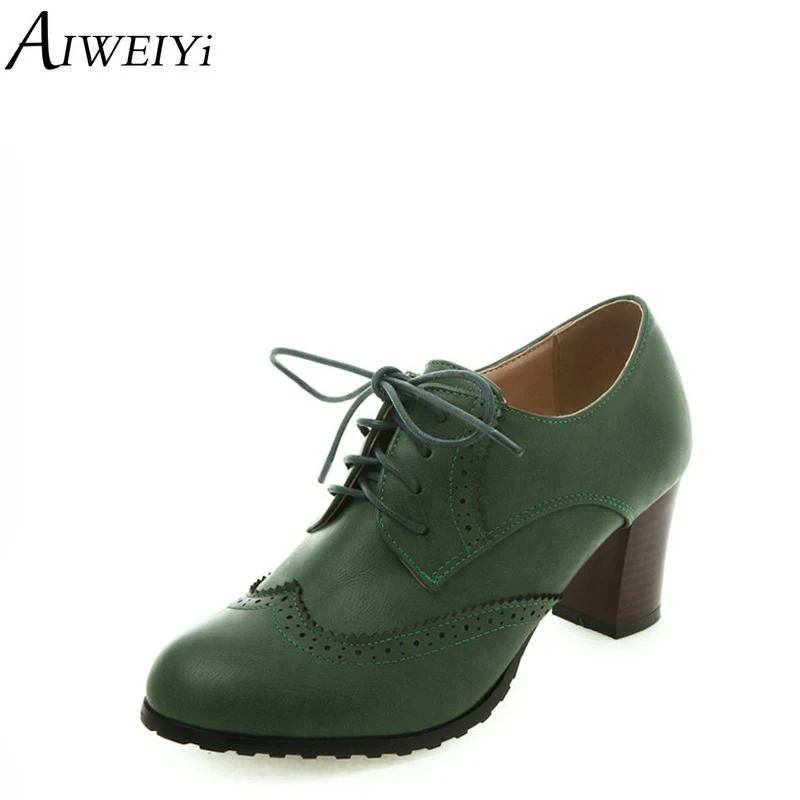 

AIWEIYi Spring Autumn Women High Heels Soft PU Leather Oxford Shoes Lace Up Casual Shoes Woman Platform Pumps Shoes Heels
