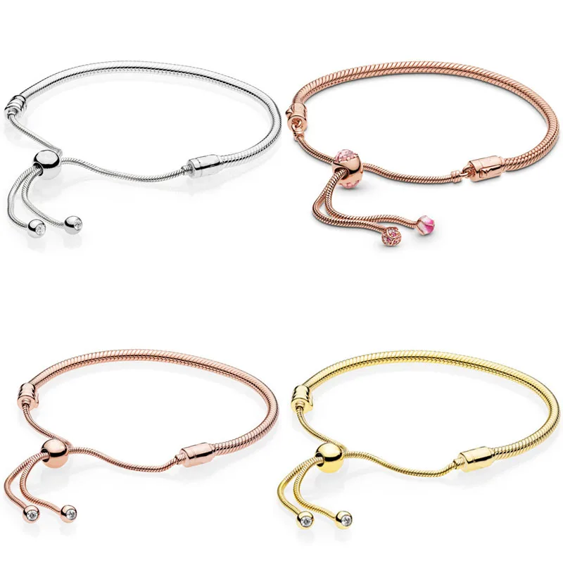 

Rose Gold Peach Blossom Moments Sliding Clasp Adjust Bangle Fit Pandora Snake Bracelet 925 Sterling Silver Bead Charm Jewelry