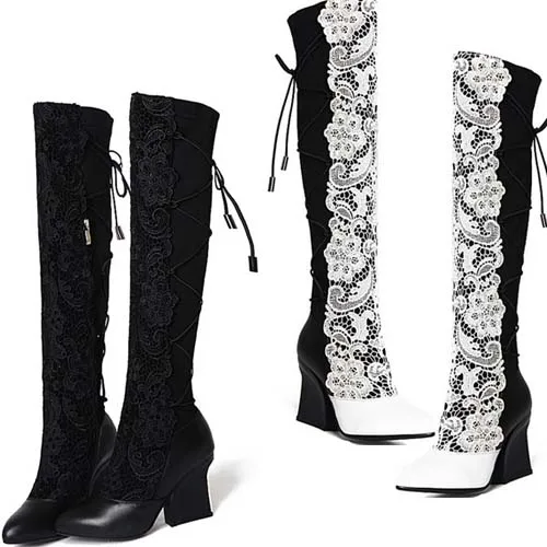 

autumn winter women Over the knee boots Genuine Leather stretch fabric sexy lace bandage high heels boots free shipping