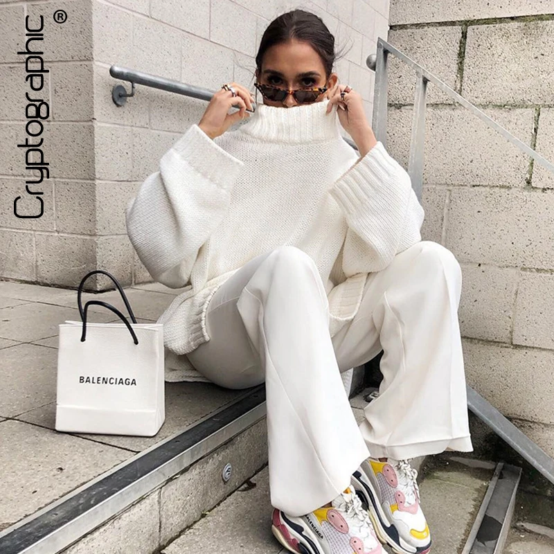 

Cryptographic Autumn Winter 2019 Knitwear Pullover Sweater Women White Oversized Jumper Fashion Casual Turtleneck Basic Sweaters
