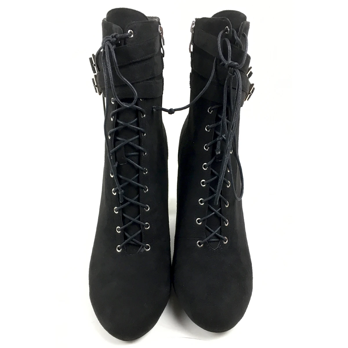 Aimirlly/женские ботильоны на квадратном каблуке с круглым носком; ботильоны на шнуровке с пряжкой; черная обувь из искусственной замши; сезон осень-зима