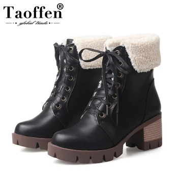 

TAOFFEN Women Ankle Boots New Fashion Platform Winter Shoes Women Warm Fur Lace Up Boots High Heel Lady Footwear Size 33-43