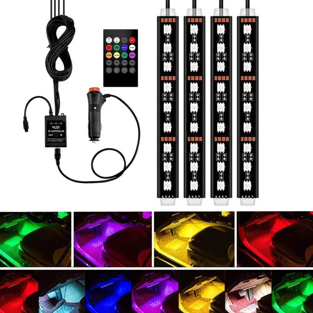 

4pcs Car RGB LED Strip Light LED Strip Lights Colors Car Styling Decorative Atmosphere Lamps Car Interior Light With Remote