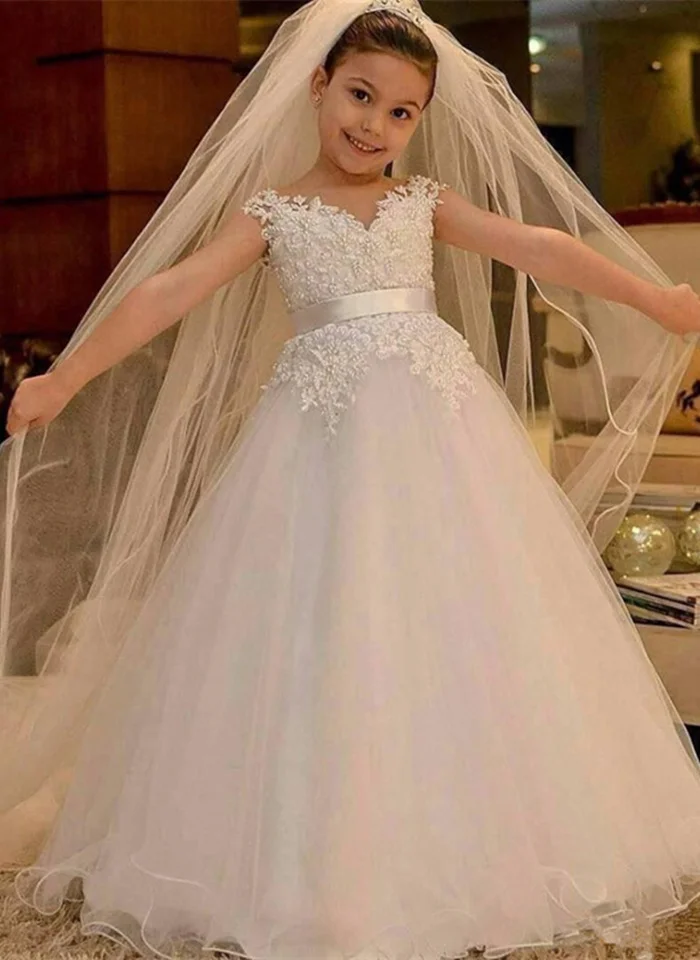 Платья с цветочным узором для девочек; кружевное шифоновое платье принцессы без рукавов с v-образным вырезом; белое длинное праздничное платье для свадьбы; пышные платья