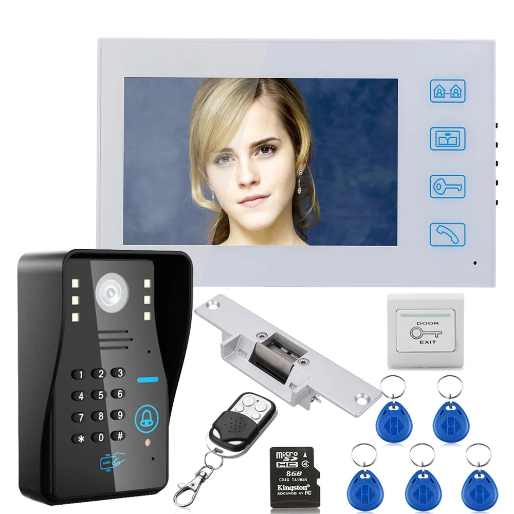 7\ Recording RFID Password Video Door Phone Intercom Doorbell System kit With 8G TF Card With NO-Electric Strike Door Lock