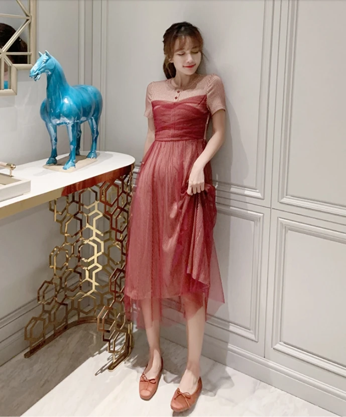 

Elegant Mesh Women Dress Patchwork Button O-neck Short Sleeve A-line Summer Dress Robe Femme Vestidos