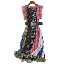 Round Neck Ruffled Sleeveless Belt Floral Print Slim Chiffon Dress