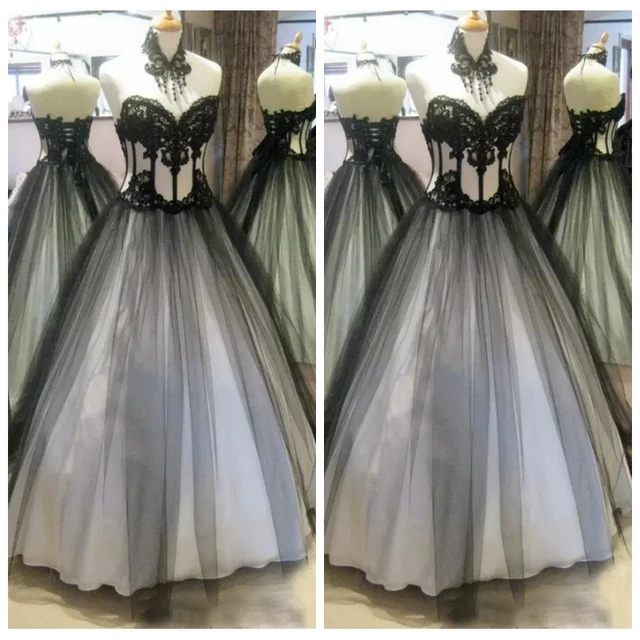 2017 gótico victoriano vestido de boda blanco y negro de alta