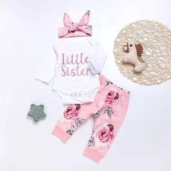 

INS Europe and America Spring and Autumn Baby girl Child letter "Little Sister" romper + Pants + Hair Strap 3pcs Sets