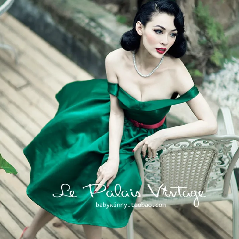 

Europe and America Palace Vintage Lady Classic Sexy Slash Neck Low Cut Emerald One-Piece Dress Tube Top Dress