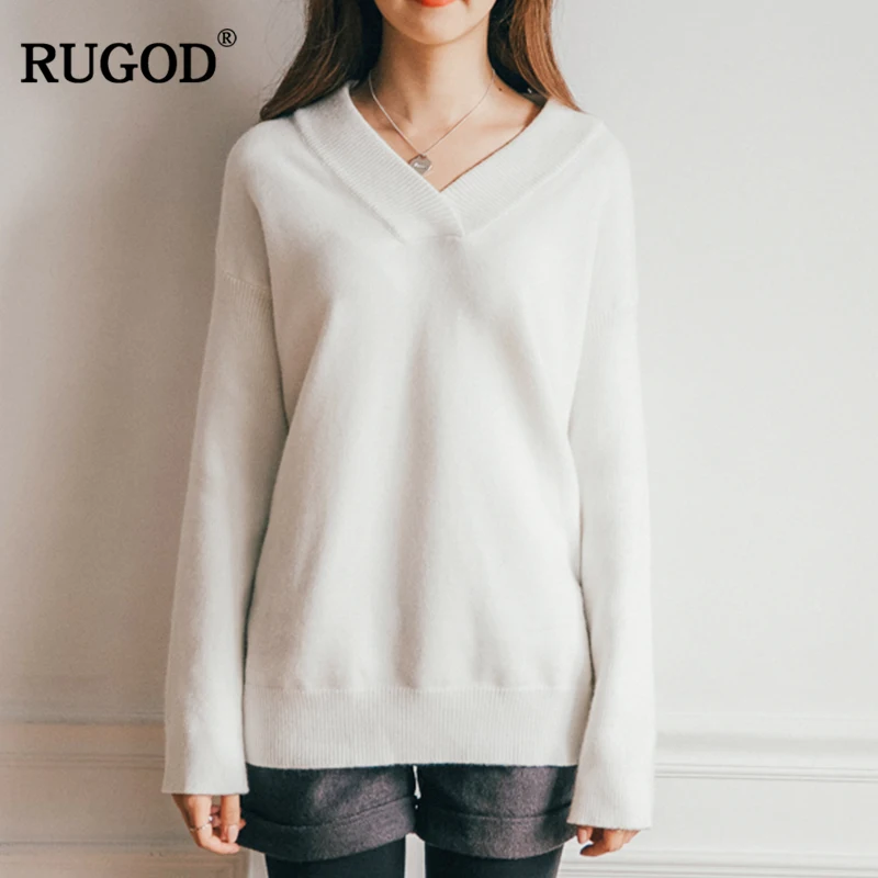 RUGOD Female V-Neck Thick Sweater 2018 Autumn New Fashion Long Sleeve Casual Solid Knitted Oversized Pullovers Sueter Mujer | Женская