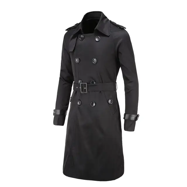 European Classic Full length Male Trenchcoat Jacket Extra Long Black