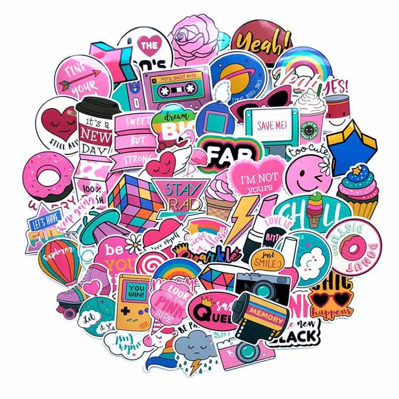 

60 Pcs/set PVC Waterproof Pink Girls Fun Sticker Toys The Luggage Stickers For Moto Car & Suitcase Cool Fashion Laptop Stickers