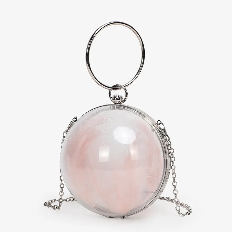 

JIULIN2019 New sweet lady transparent feathers small round bag personality single shoulder slant chain chain dinner bag