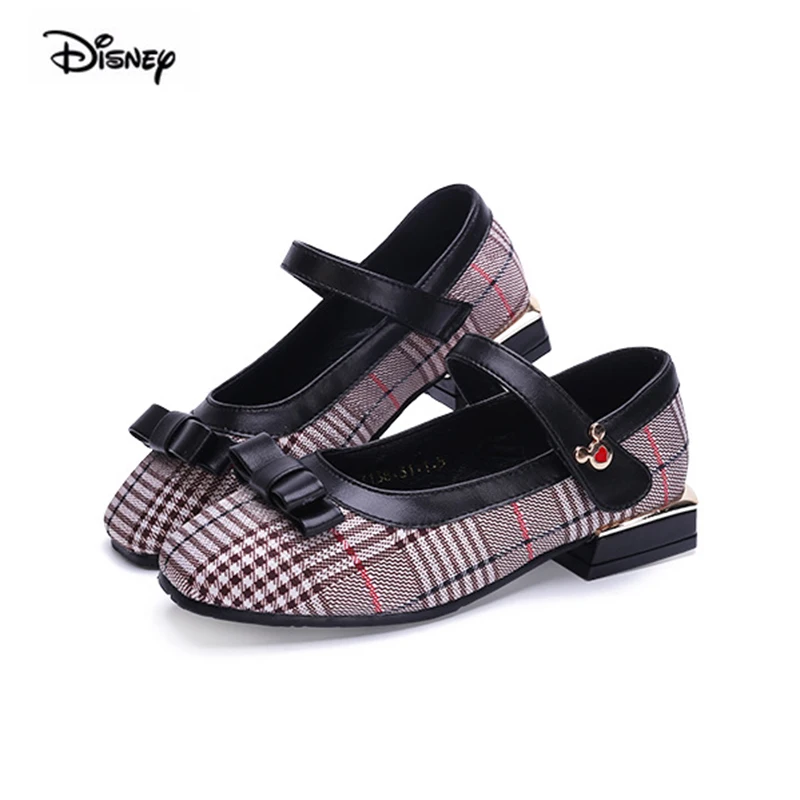

Disney Brand Children Shoes Girls Autumn 2018 New Big Girls Fashion Flat Red Leather Shoes With Bow Plaid Black Leather Shoes