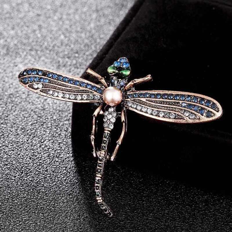 

Zlxgirl jewelry Brand Rhinestone Dragonfly Brooches For Women Kids imitation pearl Butterfly Insect Brooch hats accessory