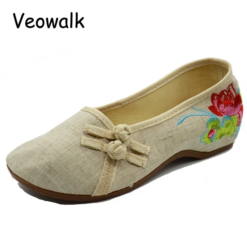 

Cotton Buttons Floral Embroidery Women Slip on Ballets Flats Vintage Ladies Comfortable Soft Fabric Shoes Sapato Feminino