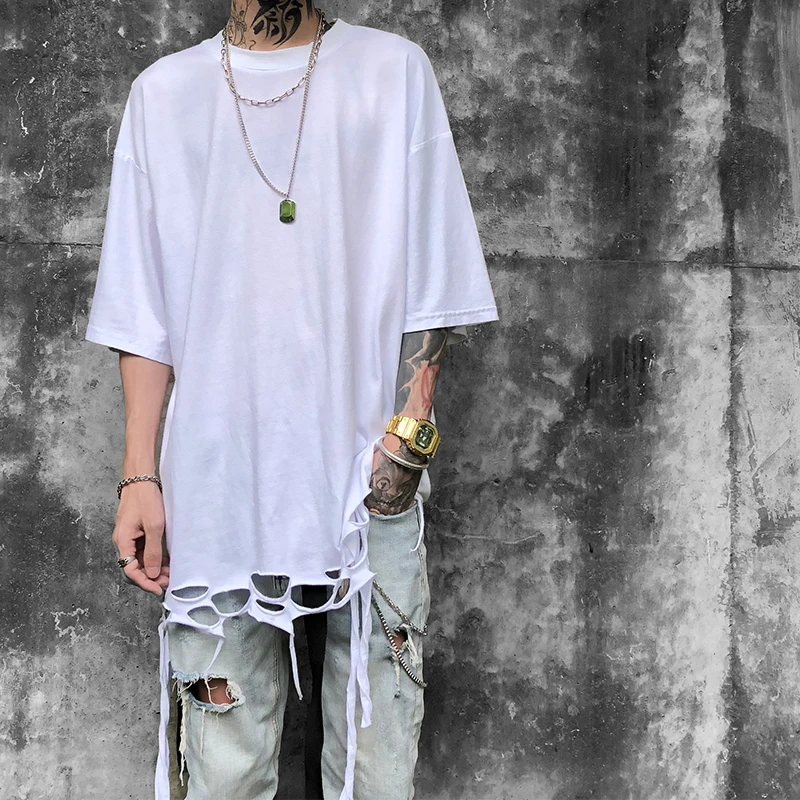 

Men personality ripped hole punk hip hop t shirt side tassel oversize tee shirts man black white gothic vintage streetwear