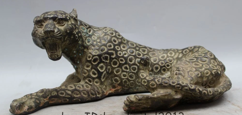 

11" Chinese Bronze Folk animal Fierce leopard panther cheetah sculpture Statue
