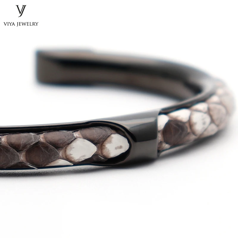 fashion C shape stainless steel bangle with genuine stingray and python leather (6)