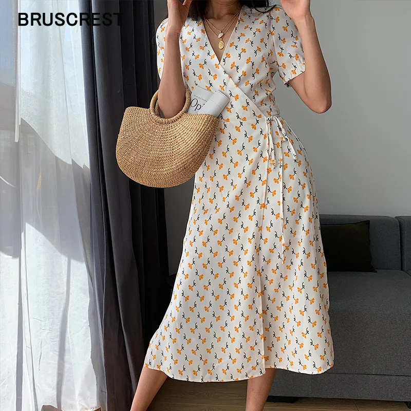 

Summer dress 2019 ladies dresse wrap split vintage tie waist yellow floral print women white midi dress casual vestidos