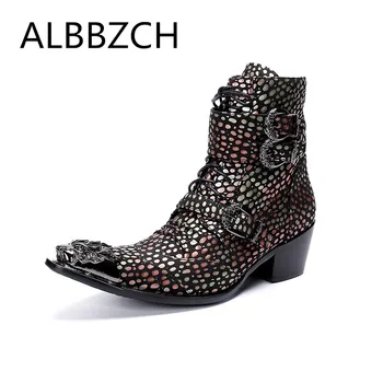 

New mens printing leather ankle boots height increase wedding shoes men fashion pointed toe lace buckle design club bar shoes 12