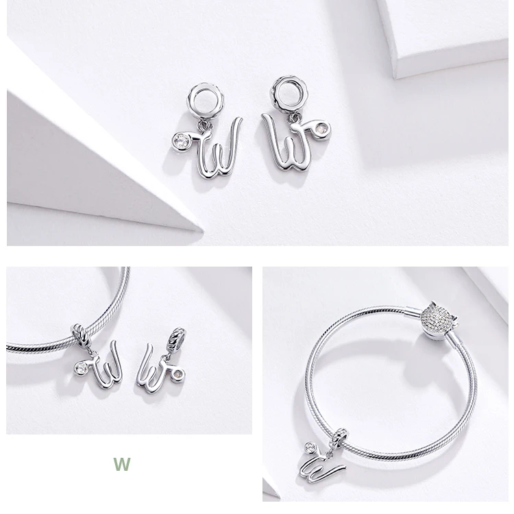 BAMOER 26 Letters alphabet Pendant 925 Sterling Silver Handwritten Language Pendants Charm for Bracelets and Necklace SCC1183 gold ring