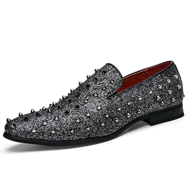Модные модельные туфли с острым носком и заклепками; кожаная простая официальная обувь; Повседневная Роскошная Свадебная офисная обувь в итальянском стиле; Прямая - Цвет: Grey-X02