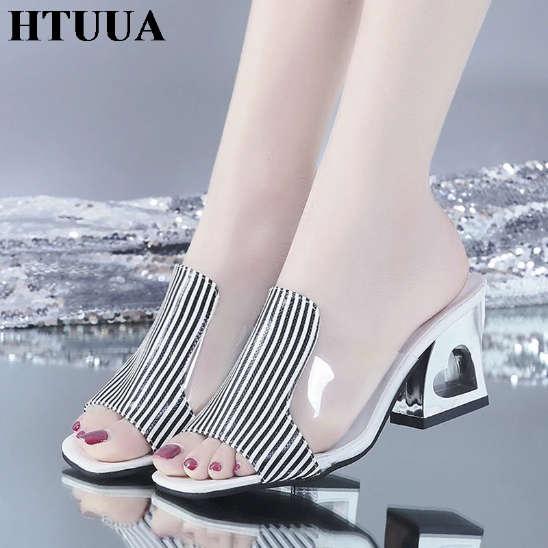 

HTUUA 2019 Fashion Stripe Slip On Women Shoes Summer High Heels Slippers Peep Toe Slides Ladies Shoes Outside Sandals SX2684