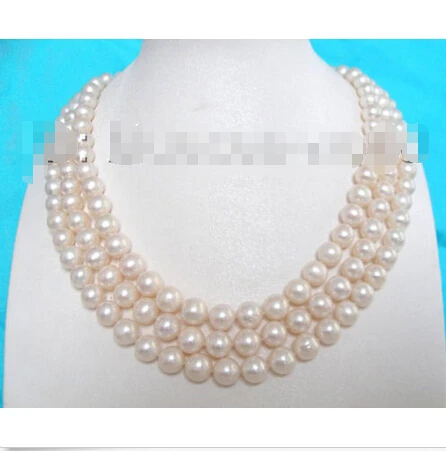 

FREE SHIPPING>>>@@ > Elegant 3strands 20" 9MM round white natural culture pearls necklace b1364 ^^^@^Noble style Natural Fine je