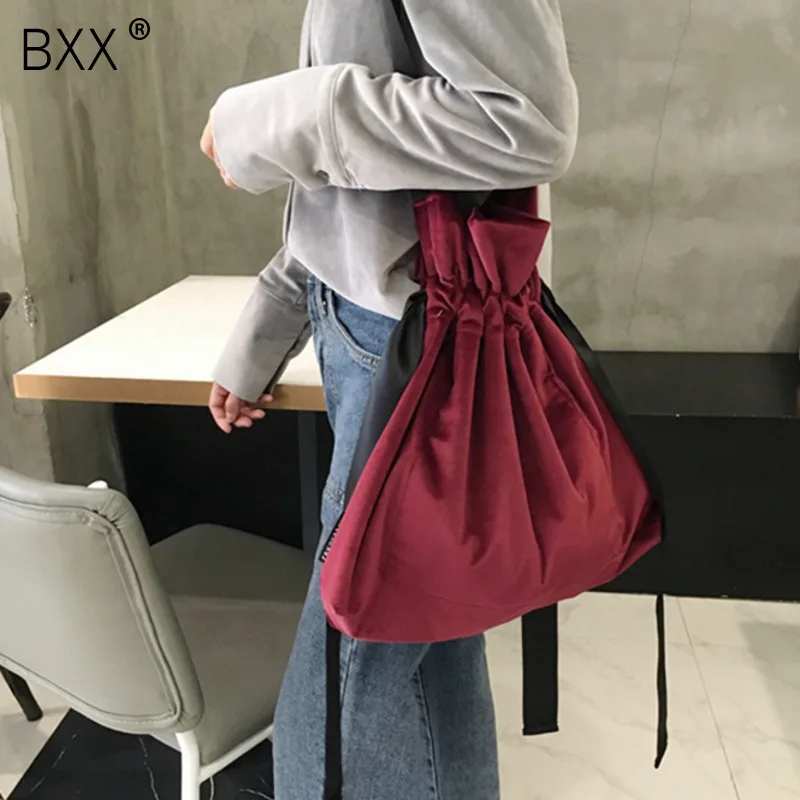 

[BXX] 2019 Summer Casual Wide Strap Pleated Drawstring Velvet Bag Women's Single Shoulder Bag All Match Large Capacity Bag LM708