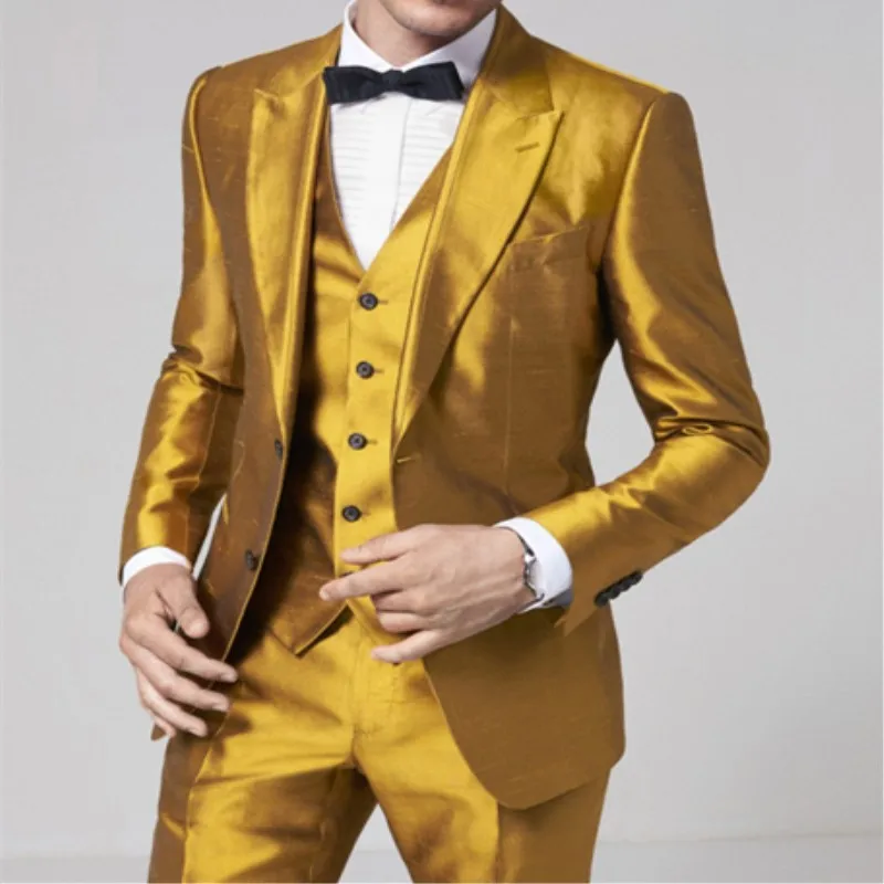 

TPSAADE Fashion Design Gold 3 Pieces Men's Suit Formal Skinny Step Suit Blazer Shiny Custom 3 Pieces Jacket Trousers vest 363