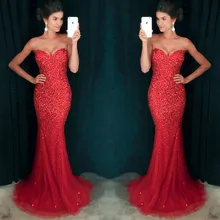 Funkelnden Red Mermaid Abendkleid Schatz Backless Pailletten Perlen Kristall Abendkleid Plus größe tüll lange Partei-kleid