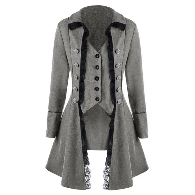 Womens Coat Gothic Plus Size 2018 New Fashion Hot Gray Vintage Lace High Low Slim Coat Tailcoat