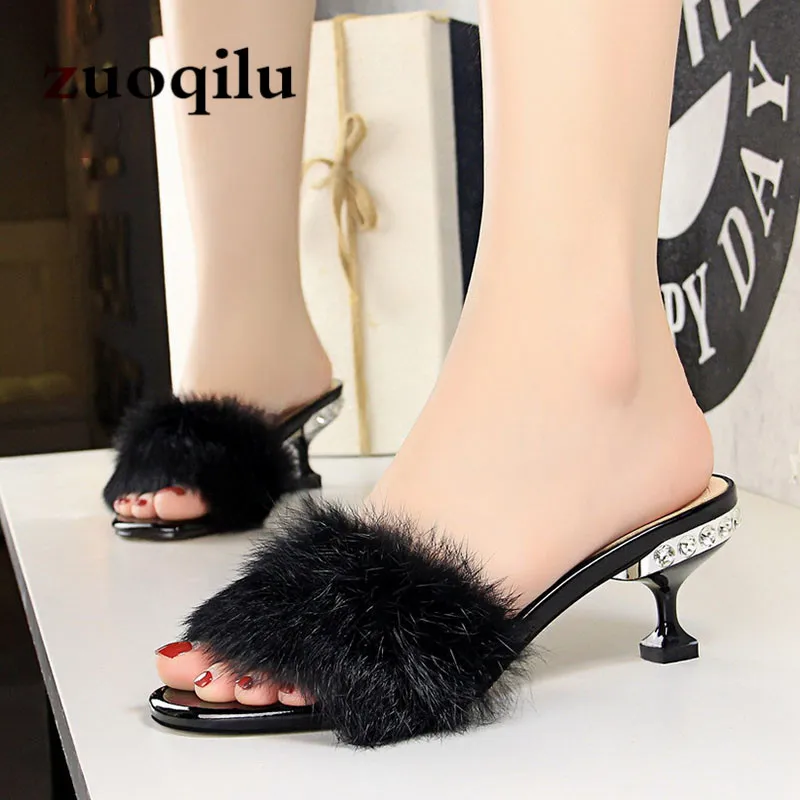 2018 Fur Slippers Women Sexy High Heel Slippers Women Home Slippers High Heels Women Summer