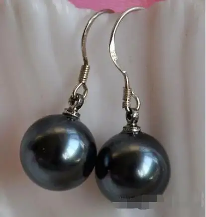 

Free Shipping >> new hot 12mm round black shell pearl dangle earring silver