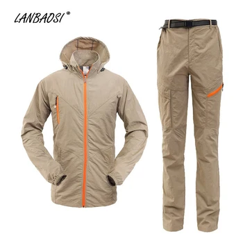 

LANBAOSI Outdoor Sport 2Pc Set Men's Camping Hiking Hooded Jackets Pants Quick Dry Climbing Trekking Traveling Hoodies Sportwear