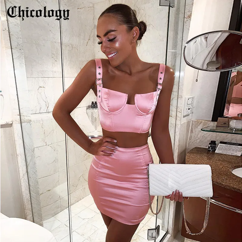 

Chicology buckle thick strap crop tank top slim fit mini skirt 2 piece set 2019 summer autumn women sexy two satin outfits