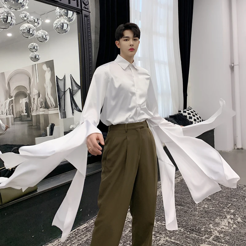 

Men Streetwear Fashion Slim Fit Long Bow Ribbon Sleeve Shirt Male Women Punk Gothic Party Dress Shirt Stage Show Clothing