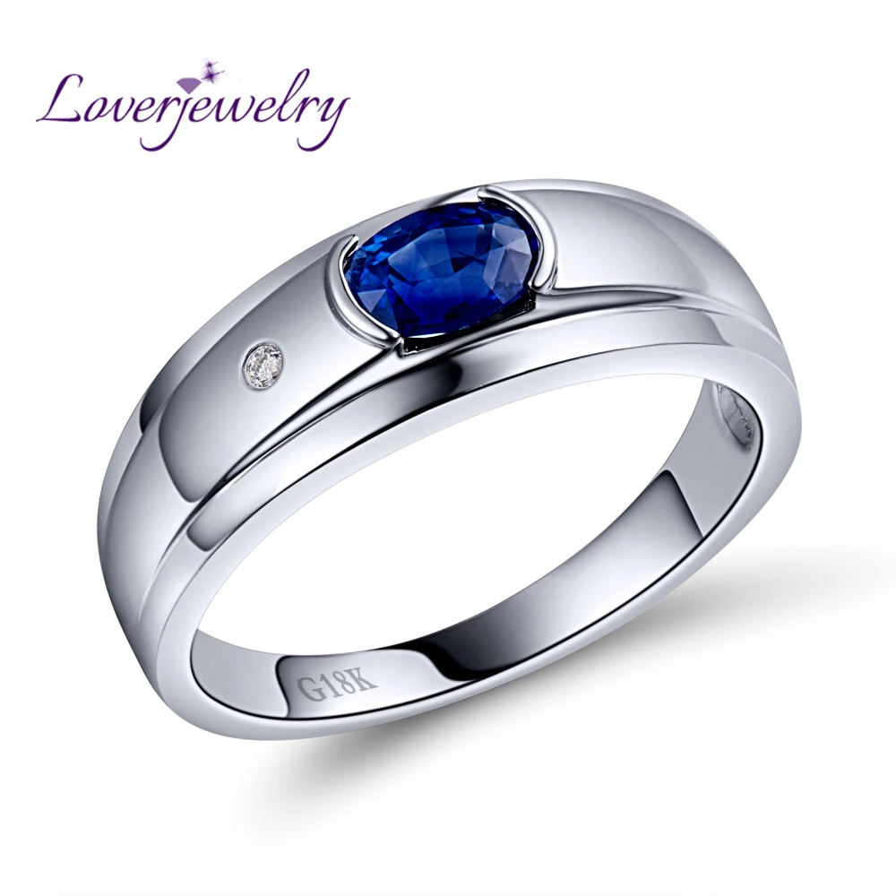 Luxury Mens Jewelry Rings 18K White Gold Natural Sapphire Gemstone Ring Genuine Diamond Man Rings For 