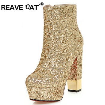 

REAVE CAT Bling Shine woman shoes Ankle boots Super high heels Autumn Winter boots platform Botas Mujer Patty Wedding A1240