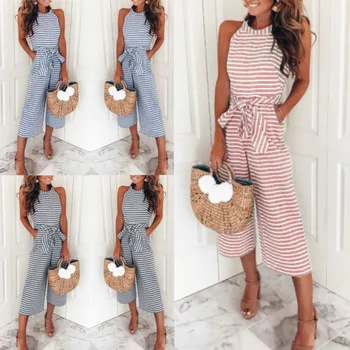 

Fashion Women Summer Holiday Sleeveless Striped Lace up Playsuit Bodycon Wide Leg Pants Ladies Jumpsuit Romper Trousers